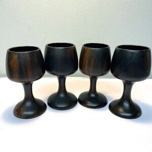 Vintage Hand Turned Set of 4 Dark Wood Stemmed Wine Goblets